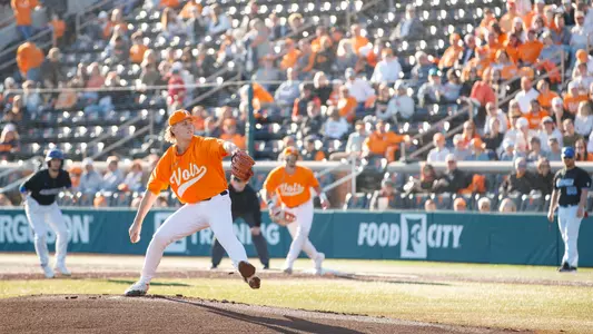 KNOXVILLE, TN - February 20, 2024 - Pitcher Derek Schaefer #34 of the Tennessee Volunteers during the game between the UNC Asheville Bulldogs and the Tennessee Volunteers at Lindsey Nelson Stadium in Knoxville, TN. Photo By Kate Luffman/Tennessee Athletics