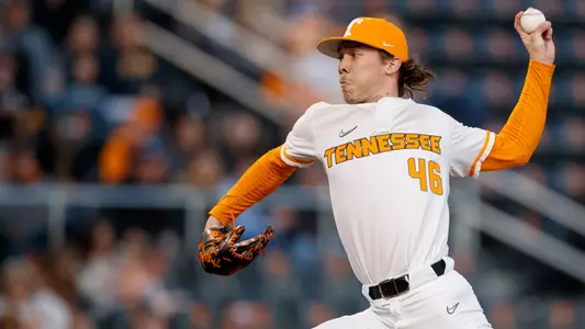KNOXVILLE, TN - February 21, 2024 - Pitcher/Outfielder Brayden Sharp #46 of the Tennessee Volunteers during the game between the ETSU Buccaneers and the Tennessee Volunteers at Lindsey Nelson Stadium in Knoxville, TN. Photo By Kyndall Williams/Tennessee Athletics