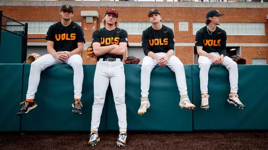 KNOXVILLE, TN - March 05, 2024 - Pitcher AJ Russell #33, Pitcher Nate Snead #7, Pitcher Brady Robertson #29, and Pitcher/Outfielder Brayden Sharp #46 of the Tennessee Volunteers before the game between the Kansas St. Wildcats and the Tennessee Volunteers at Lindsey Nelson Stadium in Knoxville, TN. Photo By Ryan Beatty/Tennessee Athletics