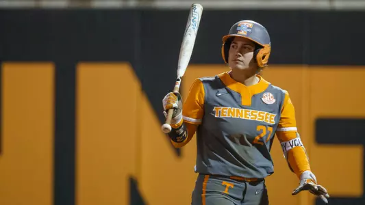 KNOXVILLE, TN - March 09, 2024 - Outfielder/Infielder Giulia Koutsoyanopulos #27 of the Tennessee Lady Volunteers during the game between the Ohio State Buckeyes and the Tennessee Lady Volunteers at Sherri Parker Lee Stadium in Knoxville, TN. Photo By Ian Cox/Tennessee Athletics