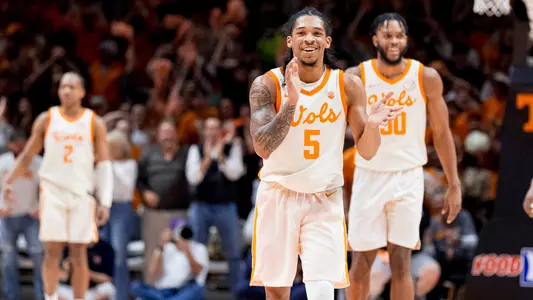 KNOXVILLE, TN - February 28, 2024 - Guard Zakai Zeigler #5 of the Tennessee Volunteers during the game between the Auburn Tigers and the Tennessee Volunteers at Food City Center in Knoxville, TN. Photo By Andrew Ferguson/Tennessee Athletics