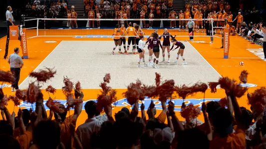 KNOXVILLE, TN - August 25, 2023 - Rocky Top Rowdies cheer during the game between the Texas State Bobcats and the Tennessee Lady Volunteers at Thompson-Boling Arena at Food City Center in Knoxville, TN. Photo By Andrew Ferguson/Tennessee Athletics