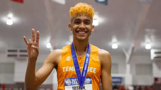 FAYETTEVILLE, AR - February 24, 2024 - Yaseen Abdalla of the Tennessee Volunteers during Day 2 of the Indoor SEC Track and Field Championship at Randal Tyson Track Center in Fayetteville, AR. Photo By Cayce Smith/Tennessee Athletics