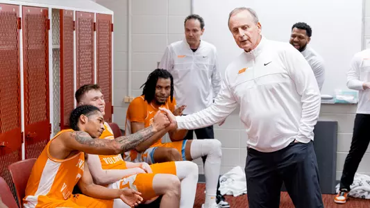 TUSCALOOSA, AL - March 02, 2024 - Guard Zakai Zeigler #5 and Head Coach Rick Barnes of the Tennessee Volunteers after the game between the Alabama Crimson Tide and the Tennessee Volunteers at Coleman Coliseum in Tuscaloosa, AL. Photo By Andrew Ferguson/Tennessee Athletics