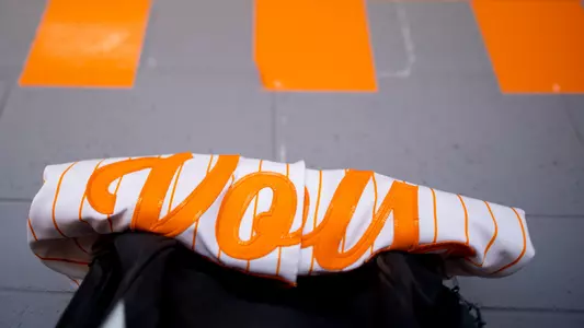 KNOXVILLE, TN - April 23, 2024 - White pinstripe softball jersey before the game between the Belmont Bruins and the Tennessee Lady Volunteers at Sherri Parker Lee Stadium in Knoxville, TN. Photo By Andrew Ferguson/Tennessee Athletics