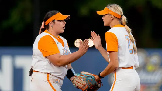 AUBURN, AL - May 09, 2024 - Pitcher Payton Gottshall #33 and Pitcher Karlyn Pickens #23 of the Tennessee Lady Volunteers during the quarterfinal game of the 2024 SEC Softball Tournament between the LSU Tigers and the Tennessee Lady Volunteers at Jane B. Moore Field in Auburn, AL. Photo By Andrew Ferguson/Tennessee Athletics