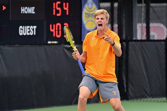 FAYETTEVILLE, AR - April 23, 2021 - Johannus Monday of the Tennessee Volunteers during the game between the Florida Gators and the Tennessee Volunteers during the 2021 SEC Championships at Billingsley Tennis Center in Fayetteville, AR...