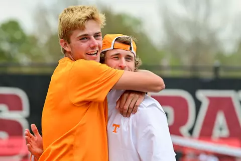 FAYETTEVILLE, AR - April 23, 2021 - Johannus Monday and Andrew Rogers of the Tennessee Volunteers after the game between the Florida Gators and the Tennessee Volunteers during the 2021 SEC Championships at Billingsley Tennis Center in Fayetteville, AR...