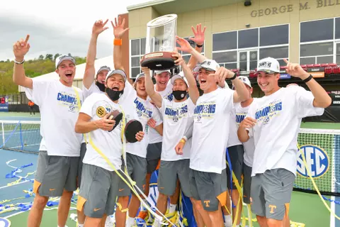 FAYETTEVILLE, AR - April 23, 2021 - The Tennessee Volunteers after the game between the Florida Gators and the Tennessee Volunteers during the 2021 SEC Championships at Billingsley Tennis Center in Fayetteville, AR...