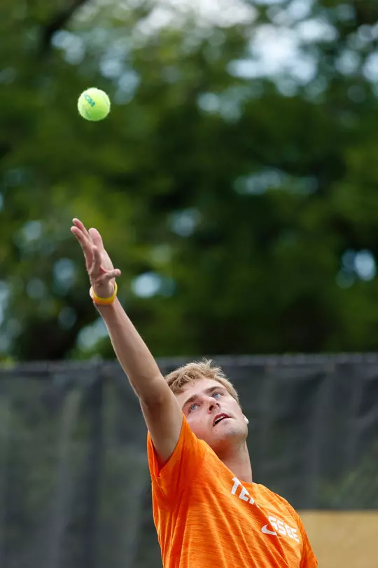KNOXVILLE, TN - May 11, 2024 - Johannus Monday of the Tennessee Volunteers during the 2024 NCAA Men?s Tennis Tournament Super Regional match between the Florida State Seminoles and the Tennessee Volunteers at Barksdale Stadium in Knoxville, TN. Photo By Ian Cox/Tennessee Athletics