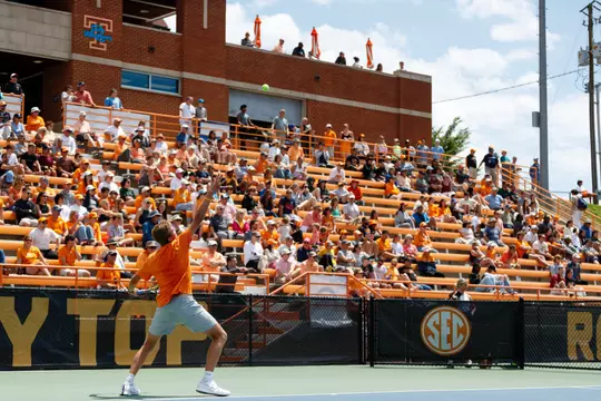KNOXVILLE, TN - May 11, 2024 - Johannus Monday of the Tennessee Volunteers during the 2024 NCAA Men?s Tennis Tournament Super Regional match between the Florida State Seminoles and the Tennessee Volunteers at Barksdale Stadium in Knoxville, TN. Photo By Ian Cox/Tennessee Athletics
