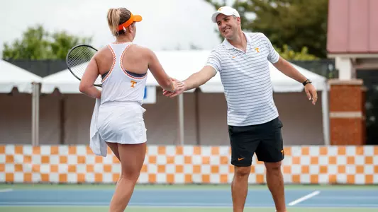 KNOXVILLE, TN - May 04, 2024 - Lauren Anzalotta and Assistant Coach Matias Marin of the Tennessee Lady Volunteers during the 2024 Women?s Tennis tournament first round match between the Murray State Racers and the Tennessee Lady Volunteers at Barksdale Stadium in Knoxville, TN. Photo By Ryan Beatty/Tennessee Athletics