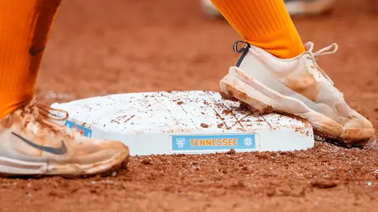 KNOXVILLE, TN - March 15, 2024 - The Tennessee Lady Volunteers logo on base during the game between the Missouri Tigers and the Tennessee Lady Volunteers at Sherri Parker Lee Stadium in Knoxville, TN. Photo By Kate Luffman/Tennessee Athletics