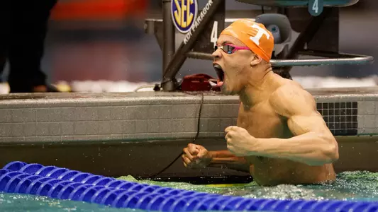 COLLEGE STATION, TX - February 15, 2023 - Jordan Crooks of the Tennessee Volunteers during day two finals session of the 2023 SEC Swimming & Diving Championships at the Rec Center Natatorium in College Station, TX. Photo By John Golliher/Tennessee Athletics