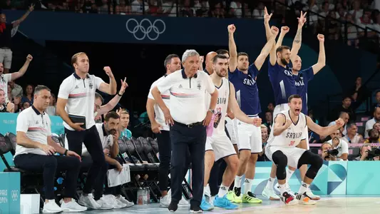 PARIS, FRANCE - AUGUST 06: Head coach Svetislav Pešic of Team Serbia reacts during the Men's Quarterfinal match between Team Australia and Team Serbia on day eleven of the Olympic Games Paris 2024 at Stade Pierre Mauroy on August 06, 2024 in Lille, France. (Photo by Jamie Squire/Getty Images)