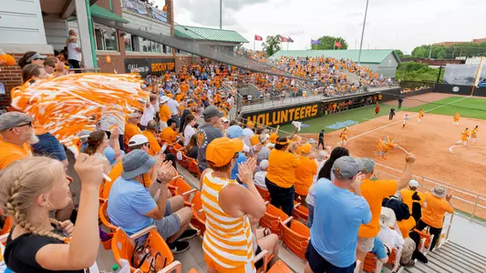 KNOXVILLE, TN - May 24, 2024 - Lady Vol fans cheer during game one of the 2024 NCAA Softball Tournament Super Regional between the Alabama Crimson Tide and the Tennessee Lady Volunteers at Sherri Parker Lee Stadium in Knoxville, TN. Photo By Andrew Ferguson/Tennessee Athletics