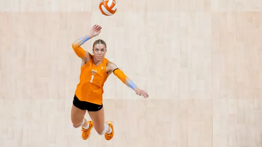 KNOXVILLE, TN - August 30, 2024 - Outside hitter Nina Cajic #1 of the Tennessee Lady Volunteers during the game between the Penn State Nittany Lions and the Tennessee Lady Volunteers at Food City Center in Knoxville, TN. Photo By Andrew Ferguson/Tennessee Athletics