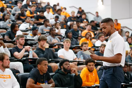 KNOXVILLE, TN - August 12, 2024 - VFL Inky Johnson speaks to the Tennessee Football team taken in Knoxville, TN. Photo By Avery Bane/Tennessee Athletics