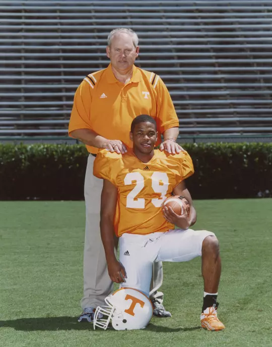 KNOXVILLE, TN - Defensive Back Inky Johnson #29 of the Tennessee Volunteers and Former Tennessee Volunteers Head Coach Phillip Fulmer posed portrait at Neyland Stadium in Knoxville, TN. Photo By Tennessee Athletics.