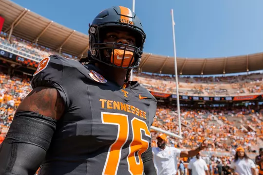 KNOXVILLE, TN - August 31, 2024 - Offensive lineman Javontez Spraggins #76 of the Tennessee Volunteers before the game between the Chattanooga Mocs and the Tennessee Volunteers at Neyland Stadium in Knoxville, TN. Photo By Kate Luffman/Tennessee Athletics