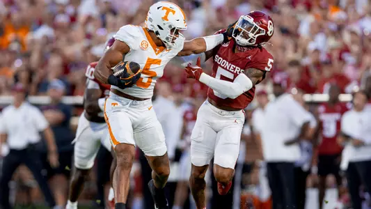 NORMAN, OK - September 21, 2024 - Wide receiver Bru McCoy #5 of the Tennessee Volunteers during the game between the Oklahoma Sooners and the Tennessee Volunteers at Gayford Family Oklahoma Memorial Stadium in Norman, OK. Photo By Andrew Ferguson/Tennessee Athletics