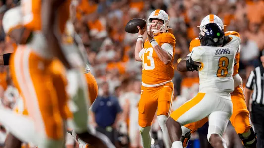 KNOXVILLE, TN - September 14, 2024 - Quarterback Gaston Moore #13 of the Tennessee Volunteers during the game between the Kent State Golden Flashes and the Tennessee Volunteers at Neyland Stadium in Knoxville, TN. Photo By Andrew Ferguson/Tennessee Athletics