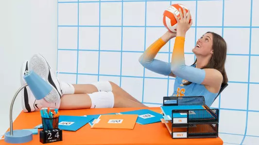 KNOXVILLE, TN - June 21, 2024 - Middle blocker Chelsea Sutton #16 of the Tennessee Lady Volunteers portrait taken during 2024 Volleyball Photo Day Knoxville, TN. Photo By Andrew Ferguson/Tennessee Athletics