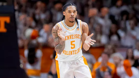 KNOXVILLE, TN - February 24, 2024 - Guard Zakai Zeigler #5 of the Tennessee Volunteers during the game between the Texas A&M Aggies and the Tennessee Volunteers at Food City Center in Knoxville, TN. Photo By Andrew Ferguson/Tennessee Athletics