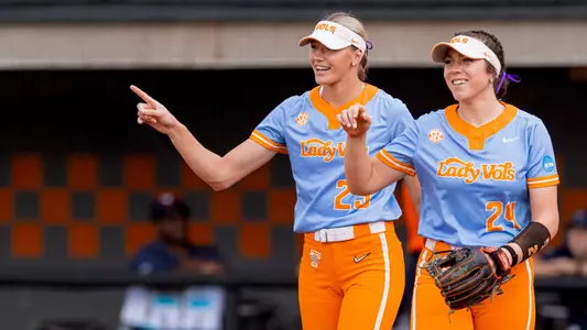 KNOXVILLE, TN - May 19, 2024 - Pitcher Karlyn Pickens #23 and Infielder McKenna Gibson #24 of the Tennessee Lady Volunteers during the 2024 NCAA Softball Tournament Regional game between the Virginia Cavaliers and the Tennessee Lady Volunteers at Sherri Parker Lee Stadium in Knoxville, TN. Photo By Andrew Ferguson/Tennessee Athletics