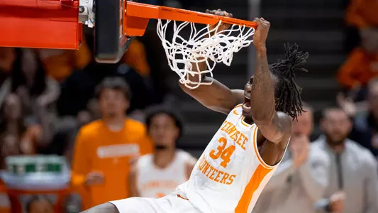 KNOXVILLE, TN - November 27, 2024 - Forward Felix Okpara #34 of the Tennessee Volunteers during the game between the UT-Martin Skyhawks and the Tennessee Volunteers at Food City Center in Knoxville, TN. Photo By Andrew Ferguson/Tennessee Athletics
