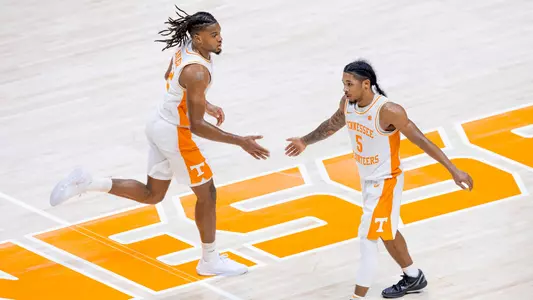 KNOXVILLE, TN - December 17, 2024 - Guard Chaz Lanier #2 and Guard Zakai Zeigler #5 of the Tennessee Volunteers during the game between the Western Carolina Catamounts and the Tennessee Volunteers at Food City Center in Knoxville, TN. Photo By Andrew Ferguson/Tennessee Athletics