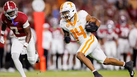 TUSCALOOSA, AL - October 18, 2025 - Wide receiver Braylon Staley #14 of the Tennessee Volunteers during the game between the Alabama Crimson Tide and the Tennessee Volunteers at Bryant-Denny Stadium in Tuscaloosa, AL. Photo By Kate Luffman/Tennessee Athletics