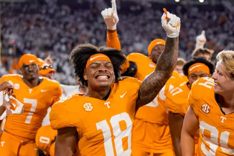 STARKVILLE, MS - September 27, 2025 - Running back DeSean Bishop #18 of the Tennessee Volunteers after the game between the Mississippi State Bulldogs and the Tennessee Volunteers at Davis Wade Stadium in Starkville, MS. Photo By Andrew Ferguson/Tennessee Athletics
