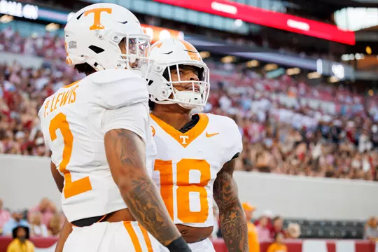 TUSCALOOSA, AL - October 18, 2025 - Running back Peyton Lewis #2 and Running back DeSean Bishop #18 of the Tennessee Volunteers before the game between the Alabama Crimson Tide and the Tennessee Volunteers at Bryant-Denny Stadium in Tuscaloosa, AL. Photo By Kate Luffman/Tennessee Athletics