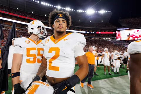 TUSCALOOSA, AL - October 18, 2025 - Running back Peyton Lewis #2 of the Tennessee Volunteers before the game between the Alabama Crimson Tide and the Tennessee Volunteers at Bryant-Denny Stadium in Tuscaloosa, AL. Photo By Kate Luffman/Tennessee Athletics