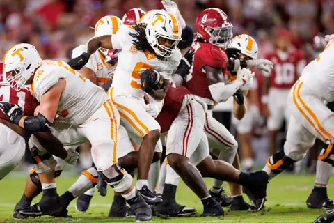 TUSCALOOSA, AL - October 18, 2025 - Running back Star Thomas #9 of the Tennessee Volunteers during the game between the Alabama Crimson Tide and the Tennessee Volunteers at Bryant-Denny Stadium in Tuscaloosa, AL. Photo By Kate Luffman/Tennessee Athletics
