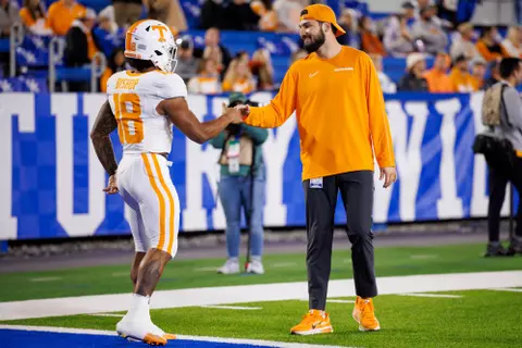 LEXINGTON, KY - October 25, 2025 - Running back DeSean Bishop #18 and Offensive Assistant Jack Jancek before the game between the Kentucky Wildcats and the Tennessee Volunteers at Kroger Field in Lexington, KY. Photo By Kate Luffman/Tennessee Athletics