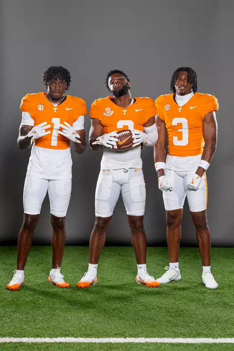 KNOXVILLE, TN - July 16, 2025 - Defensive back Rickey Gibson III #1, Defensive back Andre Turrentine #2, Defensive back Jermod McCoy #3 of the Tennessee Volunteers portrait taken during photo day in Knoxville, TN. Photo By Andrew Ferguson/Tennessee Athletics