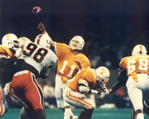 NEW ORLEANS, LA - JANUARY 1, 1985 - Quarterback Daryl Dickey #11 of the Tennessee Volunteers during the 1986 Sugar Bowl game between the Miami Hurricanes and the Tennessee Volunteers at Sugar Bowl in New Orleans, LA. Photo By Tennessee Athletics