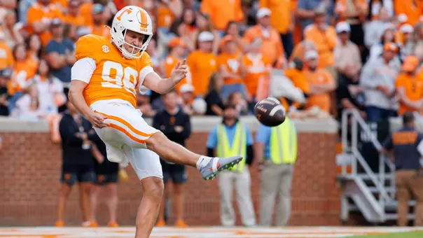 KNOXVILLE, TN - October 11, 2025 - Punter Jackson Ross #98 of the Tennessee Volunteers during the game between the Arkansas Razorbacks and the Tennessee Volunteers at Neyland Stadium in Knoxville, TN. Photo By Ryan Beatty/Tennessee Athletics