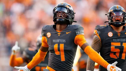 KNOXVILLE, TN - November 15, 2025 - Defensive back Ty Redmond #4 of the Tennessee Volunteers during the game between the New Mexico State Aggies and the Tennessee Volunteers at Neyland Stadium in Knoxville, TN. Photo By Ryan Beatty/Tennessee Athletics