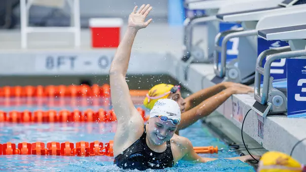 Emily Brown Celebrates Win in CSCAA Dual Meet Challenge