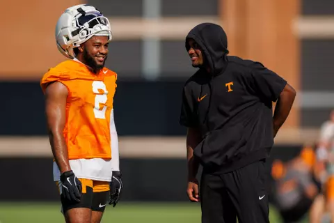 KNOXVILLE, TN - July 30, 2025 - Defensive back Andre Turrentine #2 and Defensive back Jourdan Thomas #4 of the Tennessee Volunteers during 2025 Fall Camp practice on Haslam Field in Knoxville, TN. Photo By Kate Luffman/Tennessee Athletics