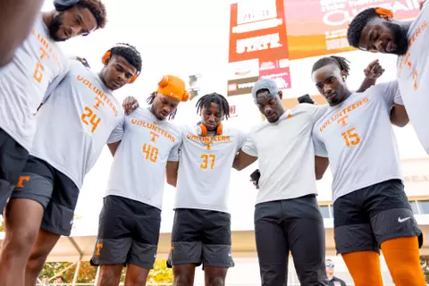 STARKVILLE, MS - September 27, 2025 - Defensive back Jalen McMurray #6, Defensive back Dylan Lewis #24, Defensive back Colin Brazzell #40, Defensive back Montrell Bandy #37, Defensive back Jourdan Thomas #4, Defensive back Edrees Farooq #15, and Defensive back Andre Turrentine #2 of the Tennessee Volunteers before the game between the Mississippi State Bulldogs and the Tennessee Volunteers at Davis Wade Stadium in Starkville, MS. Photo By Andrew Ferguson/Tennessee Athletics