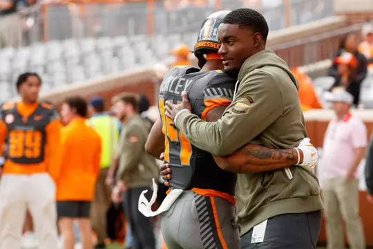 KNOXVILLE, TN - November 15, 2025 - Wide receiver Braylon Staley #14 and Defensive back Jourdan Thomas #4 of the Tennessee Volunteers during the game between the New Mexico State Aggies and the Tennessee Volunteers at Neyland Stadium in Knoxville, TN. Photo By Ryan Beatty/Tennessee Athletics