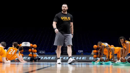 INDIANAPOLIS, IN - March 28, 2025 - Director of Sports Performance Garrett Medenwald of the Tennessee Volunteers during shootaround before the Sweet Sixteen round game of 2025 NCAA Men’s Basketball Tournament between the Kentucky Wildcats and the Tennessee Volunteers at Lucas Oil Stadium in Indianapolis, IN. Photo By Andrew Ferguson/Tennessee Athletics
