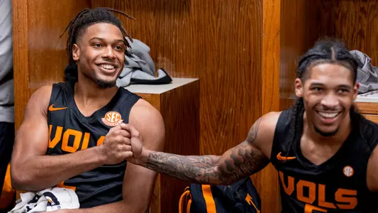 NORMAN, OK - February 08, 2025 - Guard Chaz Lanier #2 and Guard Zakai Zeigler #5 of the Tennessee Volunteers after the game between the Oklahoma Sooners and the Tennessee Volunteers at Lloyd Noble Center in Norman, OK. Photo By Andrew Ferguson/Tennessee Athletics