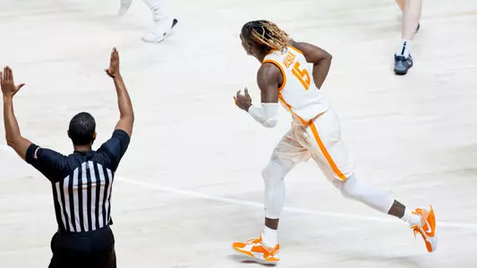 KNOXVILLE, TN - February 15, 2025 - Guard Jahmai Mashack #15 of the Tennessee Volunteers during the game between the Vanderbilt Commodores and the Tennessee Volunteers at Food City Center in Knoxville, TN. Photo By Andrew Ferguson/Tennessee Athletics