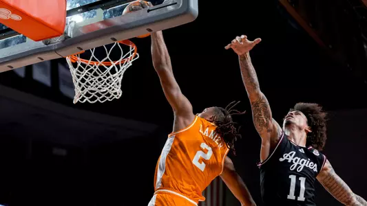 COLLEGE STATION, TX - February 22, 2025 - Guard Chaz Lanier #2 of the Tennessee Volunteers during the game between the Texas A&M Aggies and the Tennessee Volunteers at Reed Arena in College Station, TX. Photo By Andrew Ferguson/Tennessee Athletics
