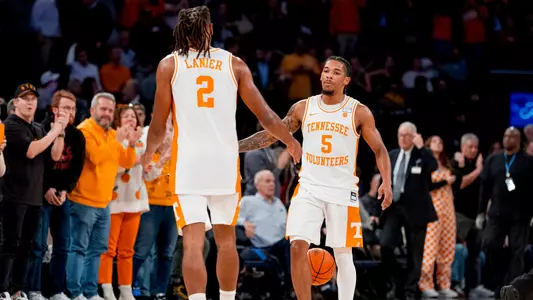 NEW YORK, NY - December 10, 2024 - Guard Chaz Lanier #2 and Guard Zakai Zeigler #5 of the Tennessee Volunteers during the Jimmy V Classic game between the Miami Hurricanes and the Tennessee Volunteers at Food City Center in Knoxville, TN. Photo By Andrew Ferguson/Tennessee Athletics